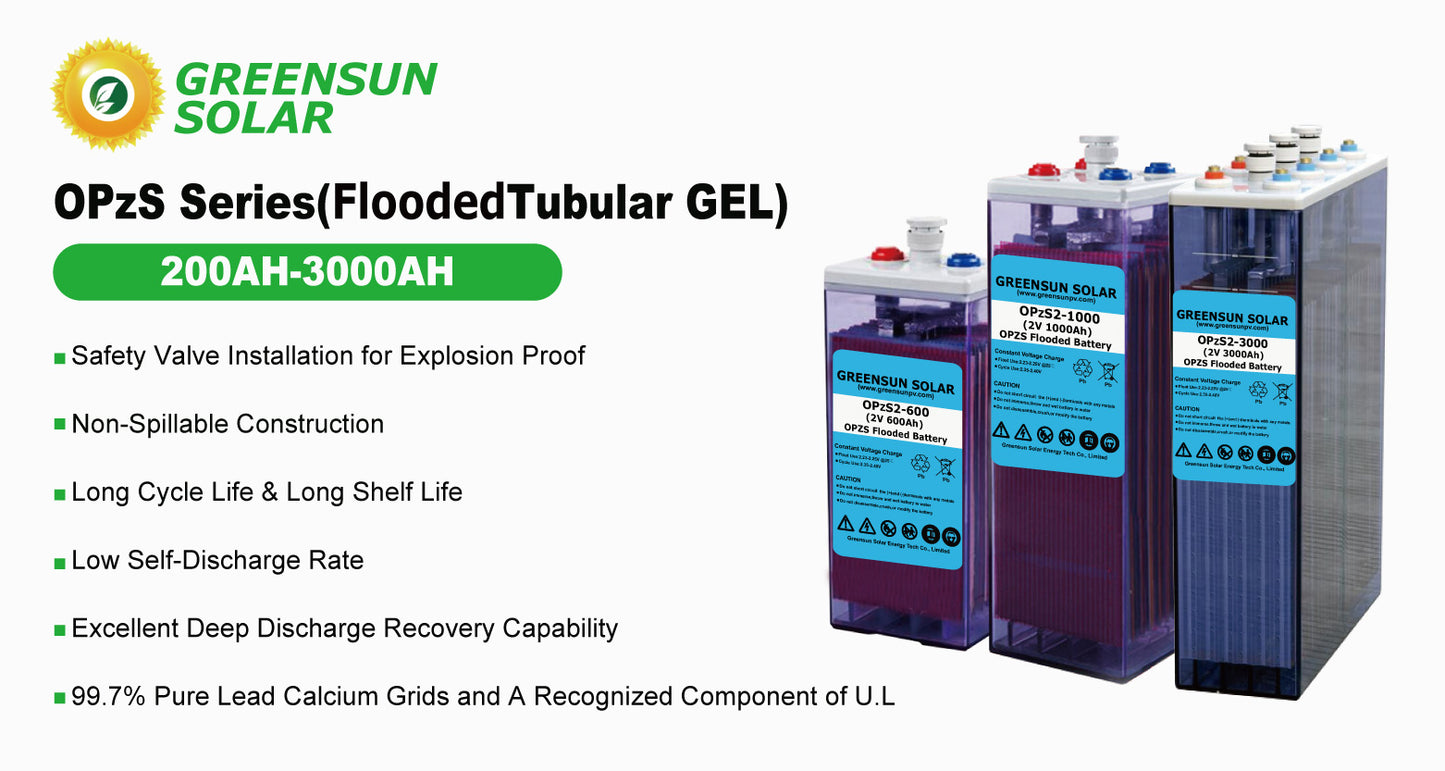 GreensunSolar OPzS Series Flooded Tubular GEL Battery 200AH-3000AH