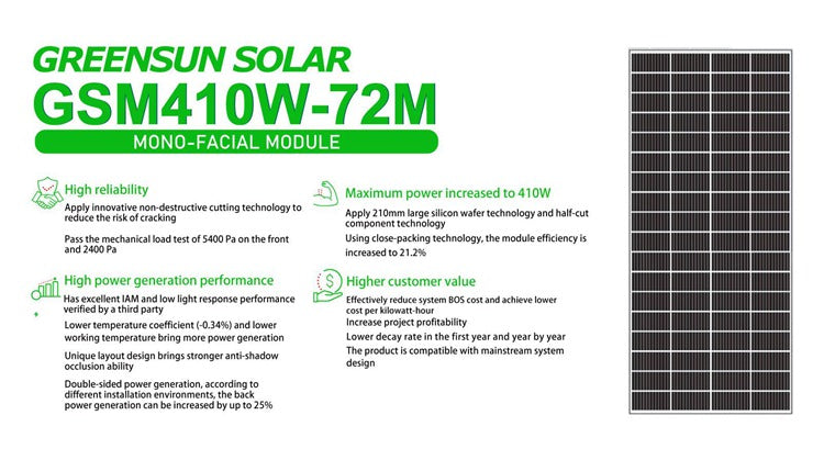 GreensunSolar GSM410W-72M Mono-Facial Module Solar Panel 390-410W