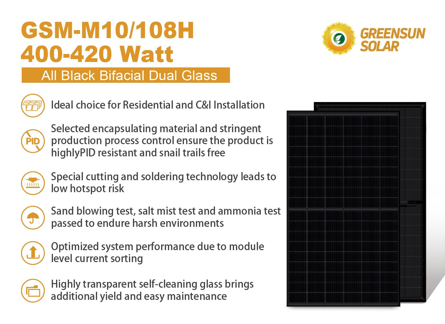 GreensunSolar GSM-M10/108H 400-420 Watt All Black Bifacial Dual Glass Solar Panel