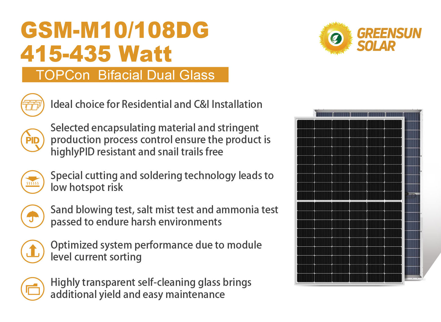 GreensunSolar GSM-M10/108DG 415-435 Watt TOPCon Bifacial Dual Glass Solar Panel