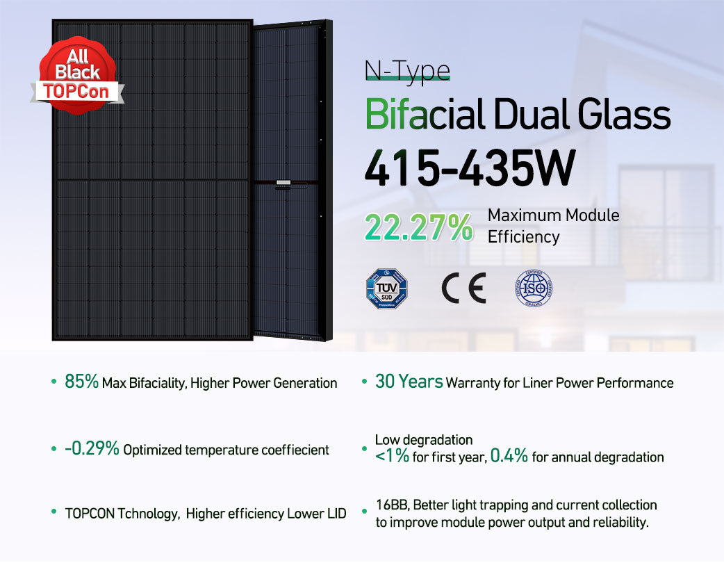 N-Type TOPCon All Black Bifacial Dual Glass 415-435W Solar Panel