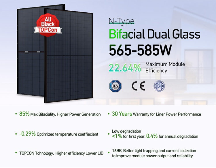 N-Type TOPCon All Black Bifacial Dual Glass 565-585W Solar Panel