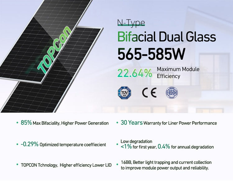 N-Type TOPCon Bifacial Dual Glass 565-585W Solar Panel