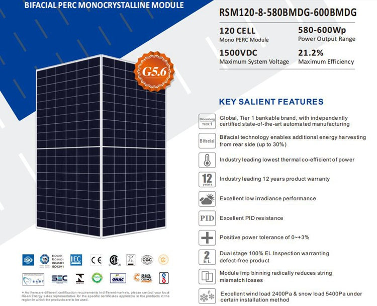 Risen Energy RSM120-8-580BMDG-600BMDG Bifacial PERC Monocrystalline Module 580-600W