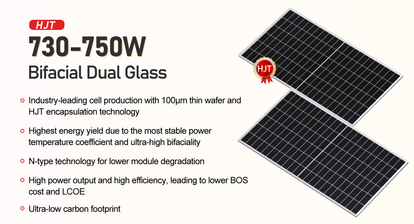 HJT 730-750W Bifacial Dual Glass Solar Panel