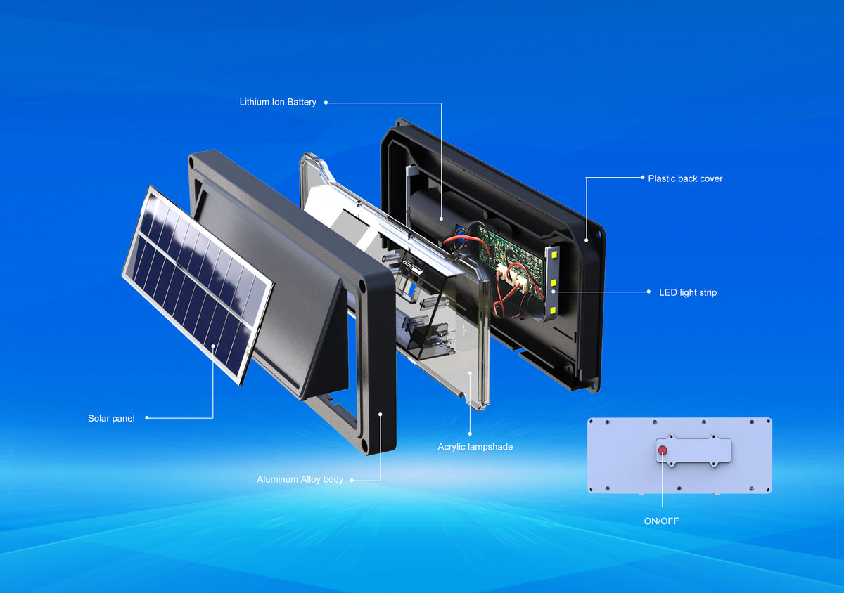 EV-WL-101 exploded view – panel, LEDs and battery