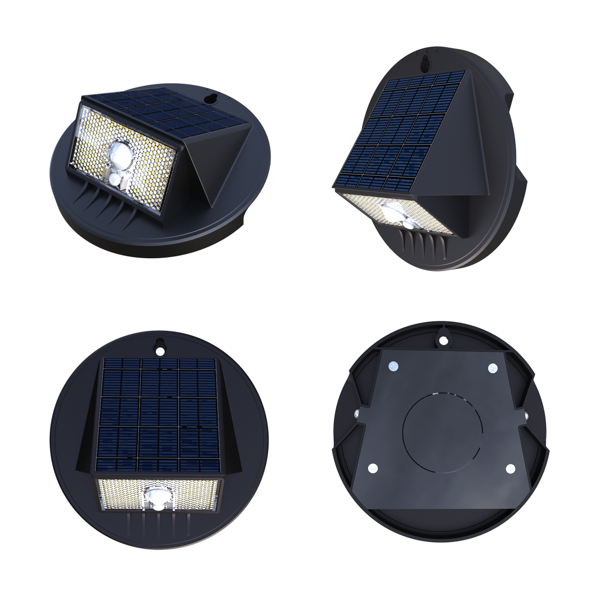 EVIEKO EV-WL-109 solar motion wall light – front, side, top and back views