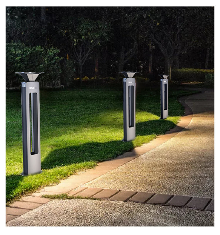 EV-GL-117 solar bollards along a garden path at dusk