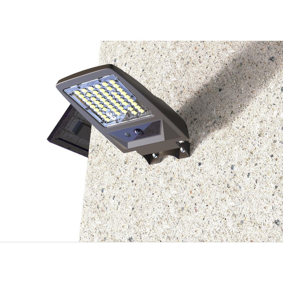 Solar flood light with detachable solar panel and PIR sensor on a shed wall