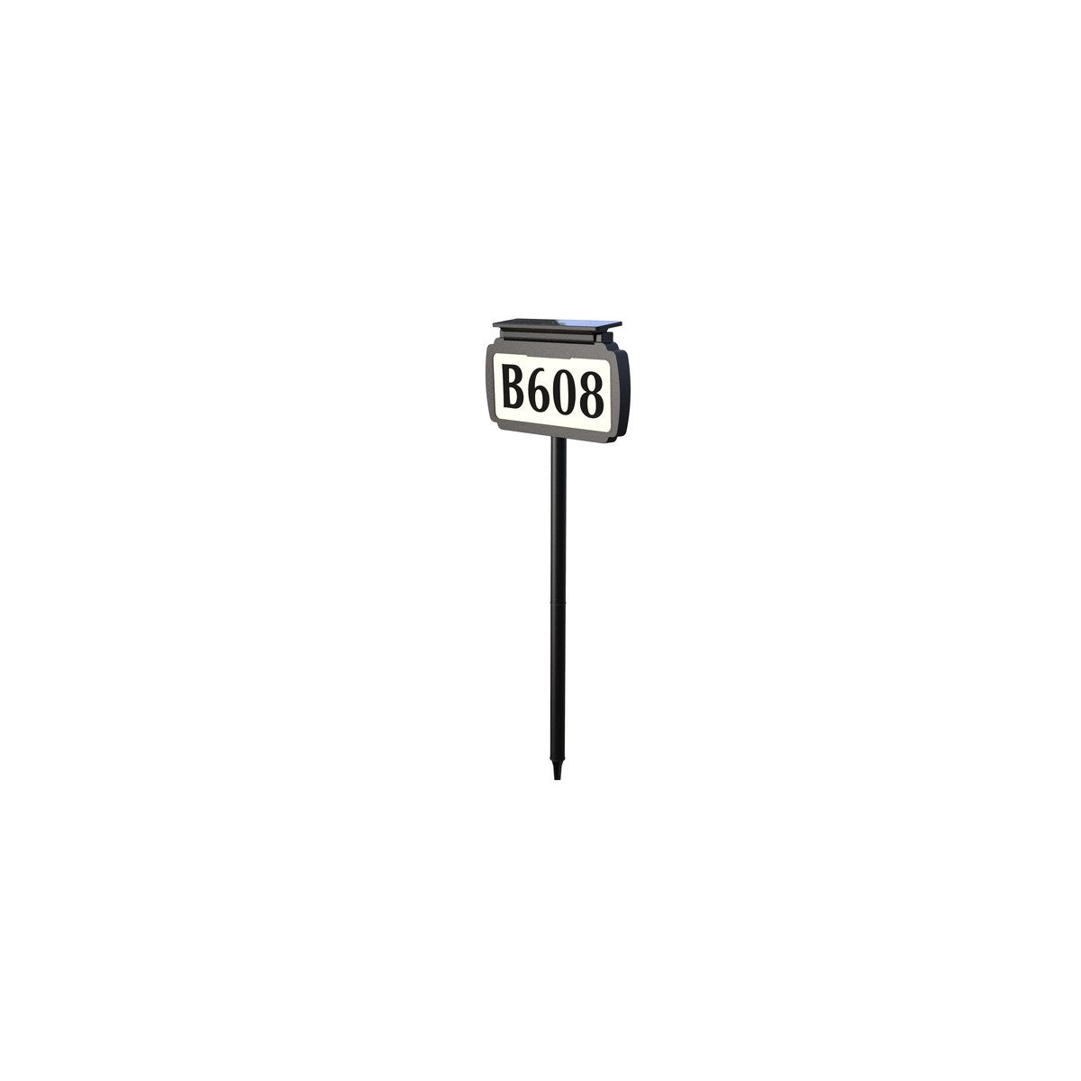 Illuminated solar house number sign light, pole + base