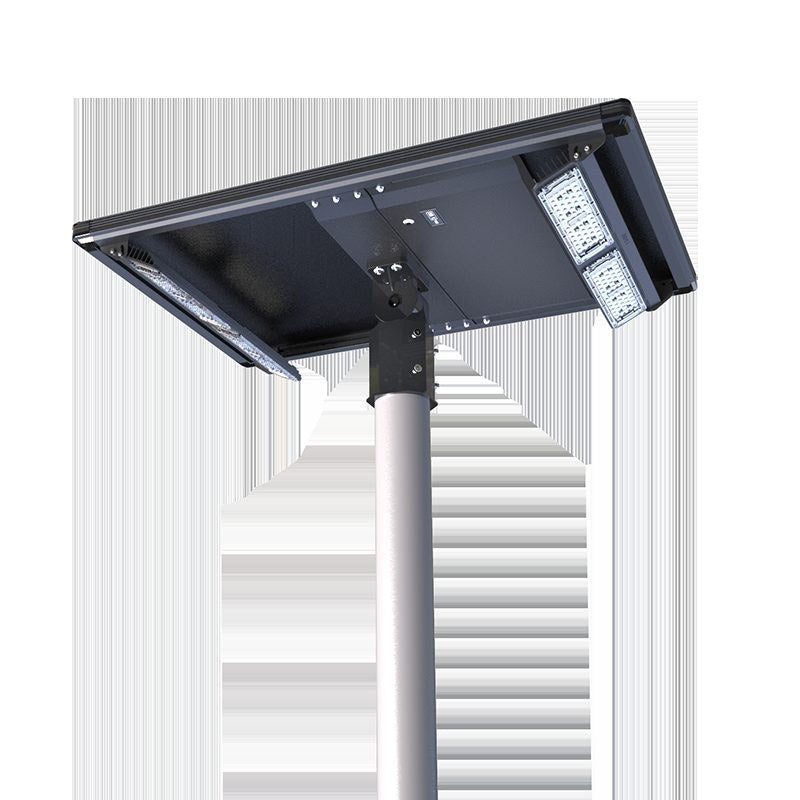 Double-sided solar parking lot light with four LED panels on a pole