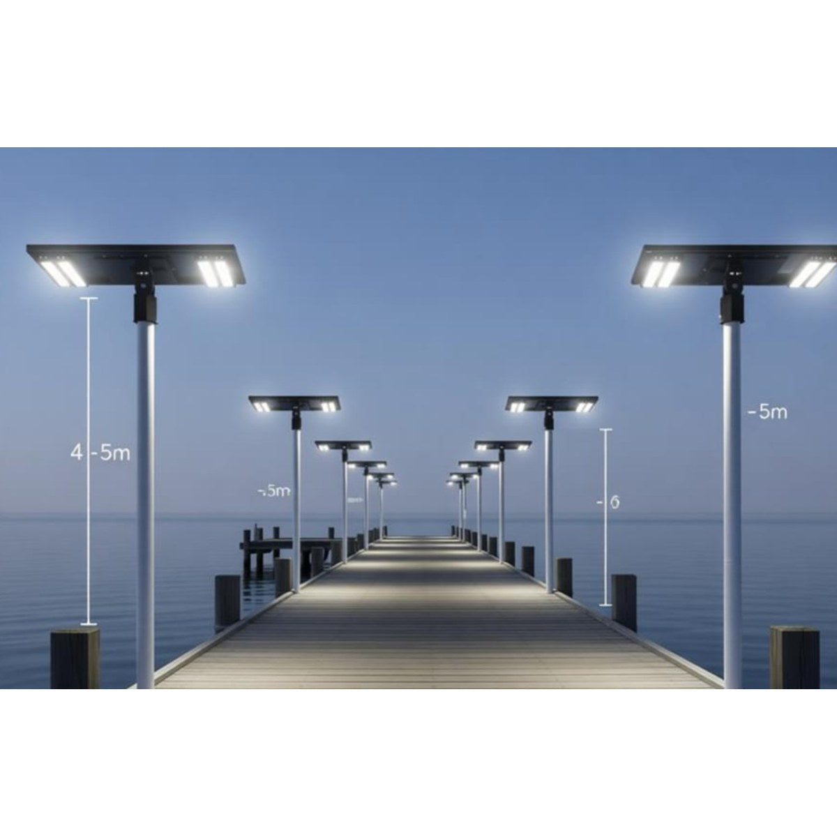Double-sided solar parking lot light with four LED panels on a pole
