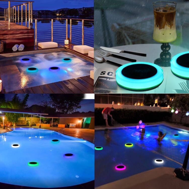 EVIEKO solar pool lights in a pool and on a table at night