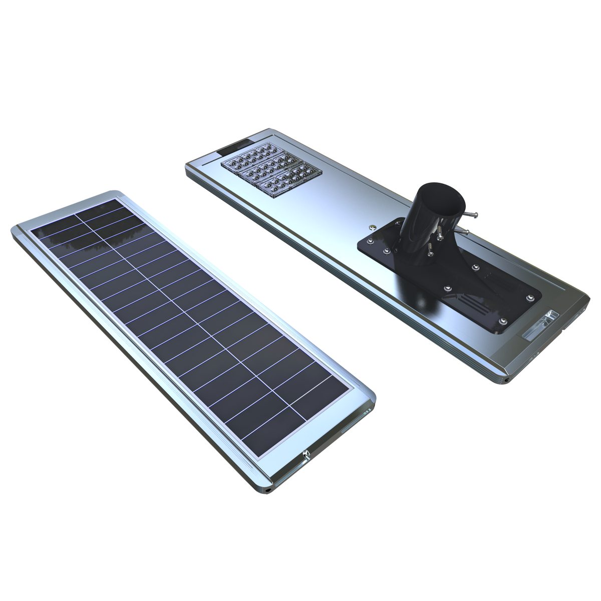 EV-SL-121 solar panel and LED housing side by side
