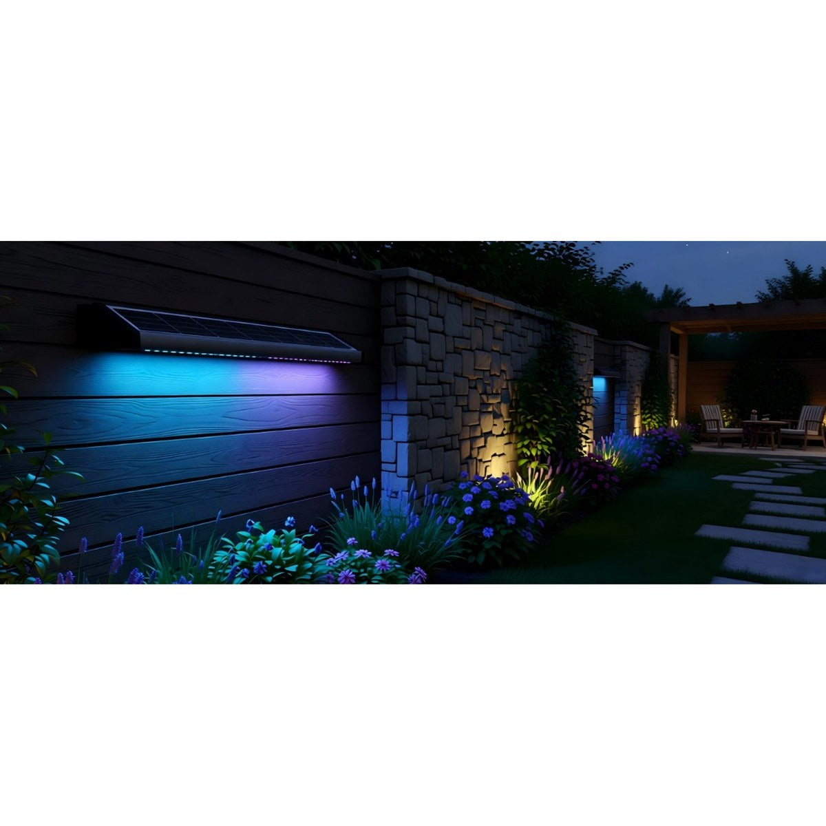 900mm RGB solar wall wash light casting coloured light up a wall