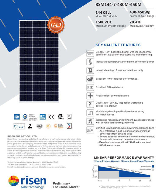 Risen Energy RSM144-7-430M-450M 144 Cell Mono PERC Module 430-450W