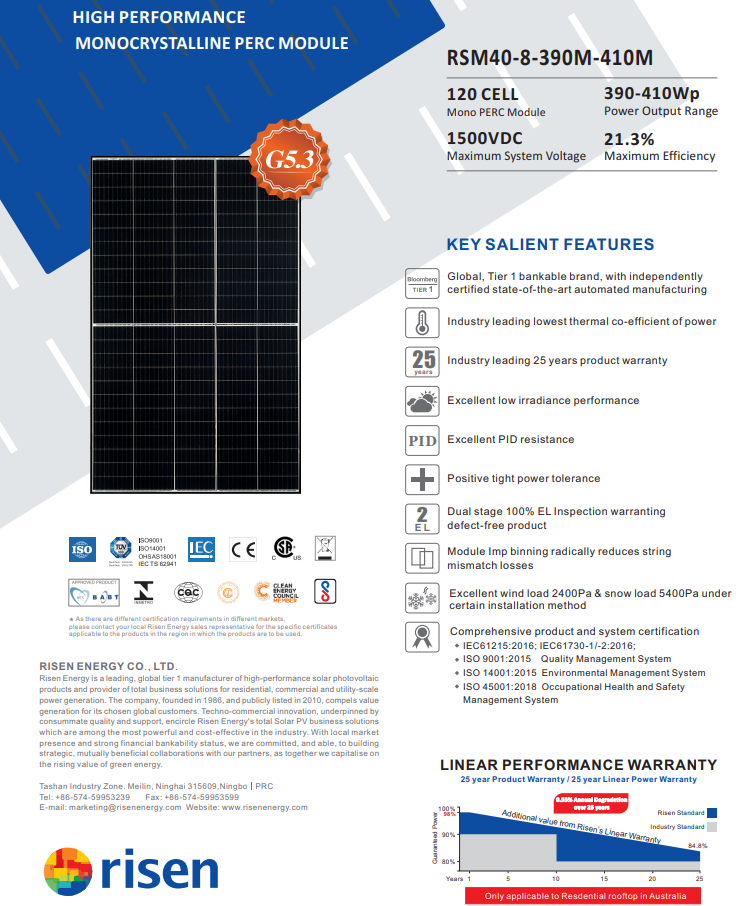 Risen Energy RSM40-8-390M-410M High Performance Monocrystalline PERC Module 390-410W