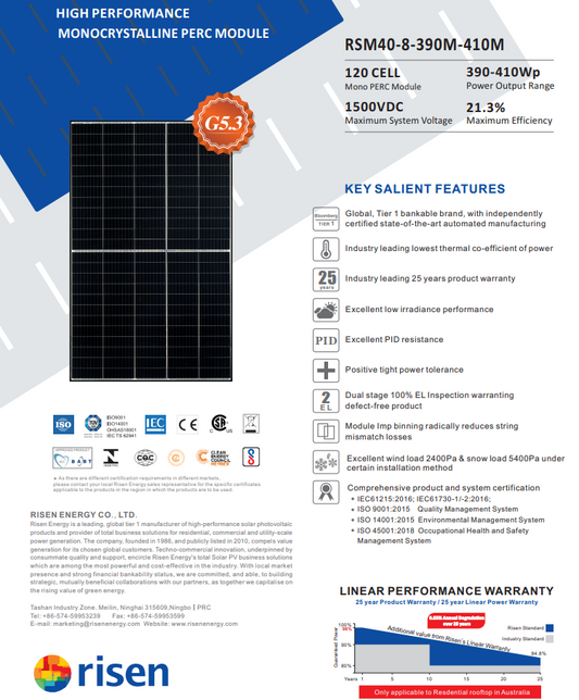 Risen Energy RSM40-8-390M-410M High Performance Monocrystalline PERC Module 390-410W