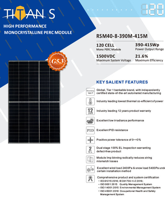 Titan S RSM40-8-390M-415M High Performance Monocrystalline PERC Module 390-415W