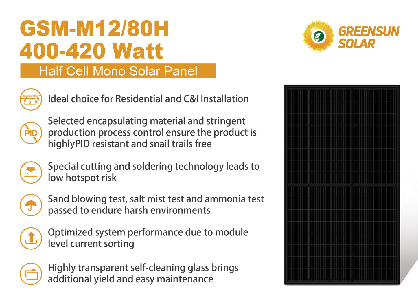 GreensunSolar GSM-M12/80H 400-420 Watt Half Cell Mono Solar Panel