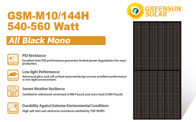 GreensunSolar GSM-M10/144H 540-560 Watt All Black Mono Solar Panel