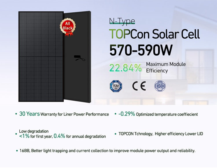 N-Type TOPCon Solar Cell All Black 570-590W Solar Panel