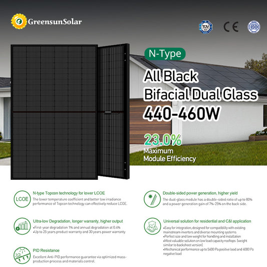 GreensunSolar N-Type All Black Bifacial Dual Glass Solar Panel 440-460W