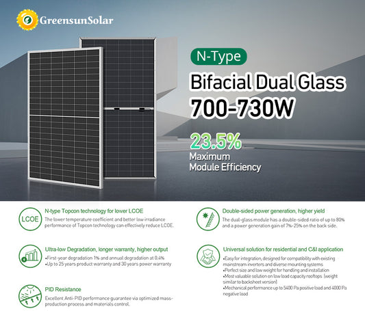 GreensunSolar N-Type Bifacial Dual Glass Solar Panel 700-730W