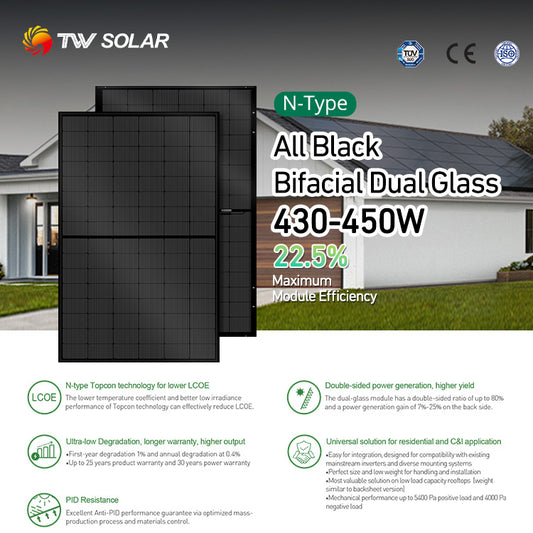 TWV Solar N-Type All Black Bifacial Dual Glass Solar Panel 430-450W