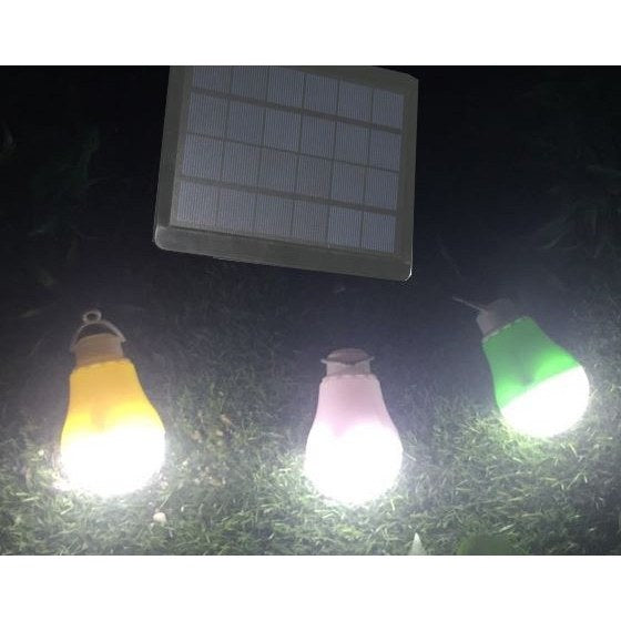 Solar lighting kit with three hanging LED bulbs and a small solar panel