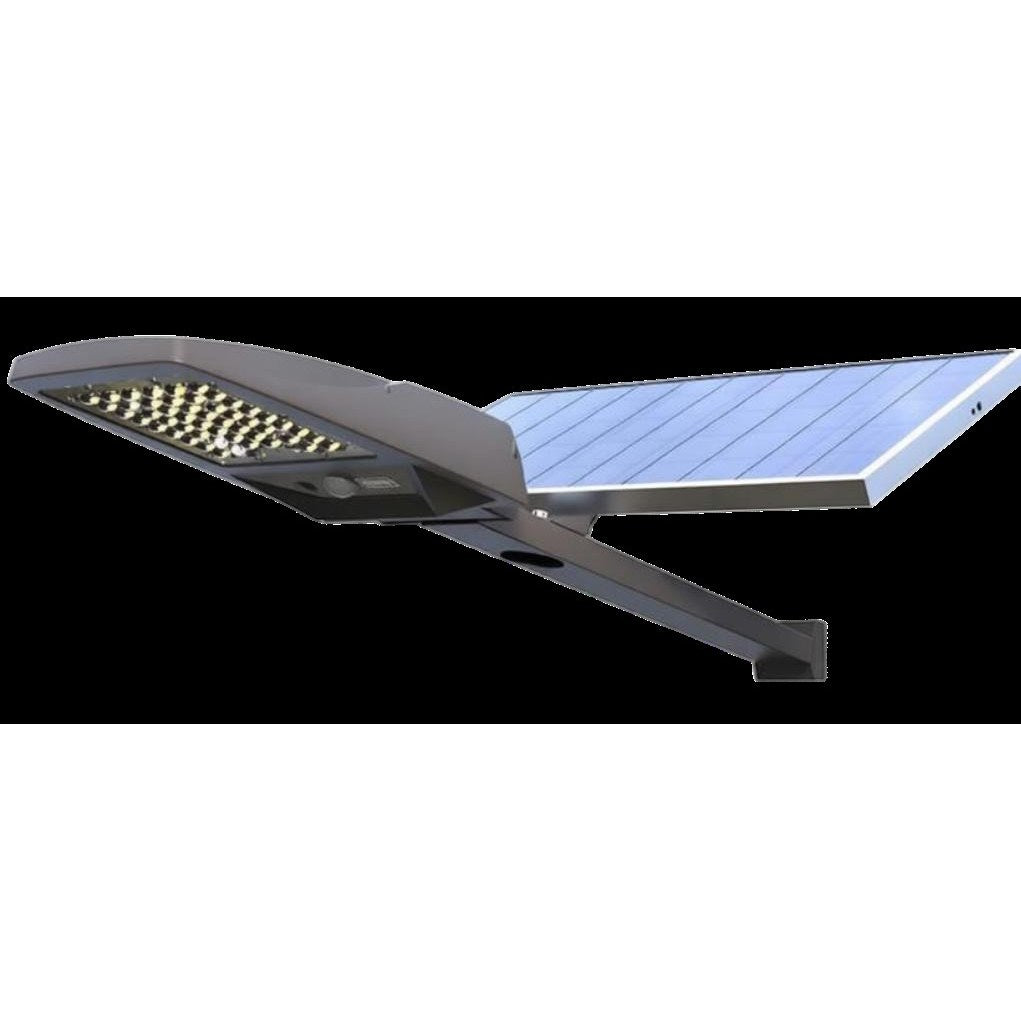 Solar flood light with detachable solar panel and PIR sensor on a shed wall