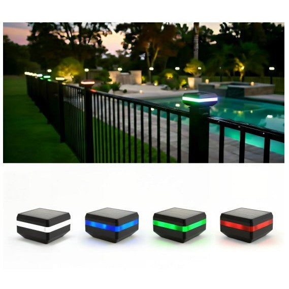 RGB Colour-Changing solar garden light staked in a garden bed at night