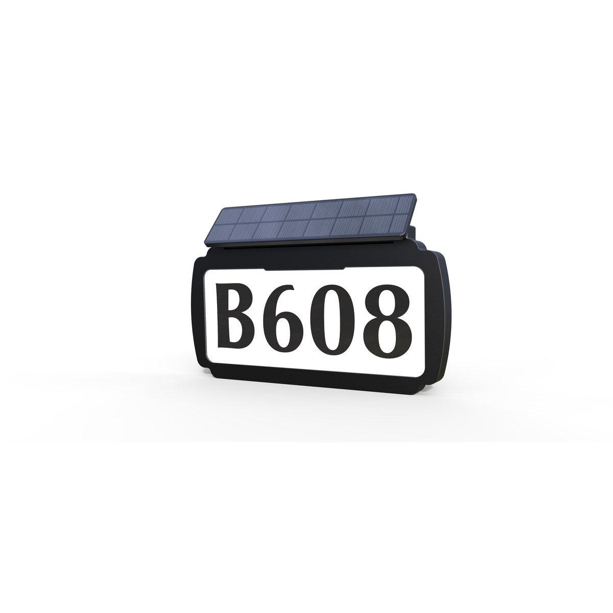 Illuminated solar house number sign light, pole + base