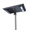 Solar parking lot light with one large panel and an LED head at each end, on a pole