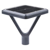 Square solar post-top plaza light with integrated panel and V-shaped arm