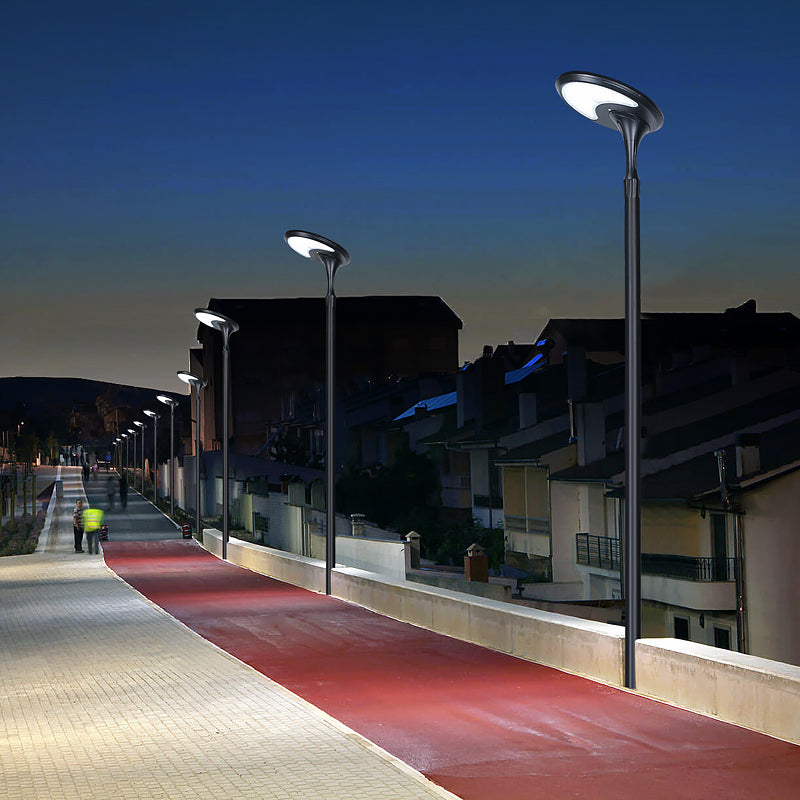 EV-PZ-102 oval solar lights along a riverside promenade at dusk