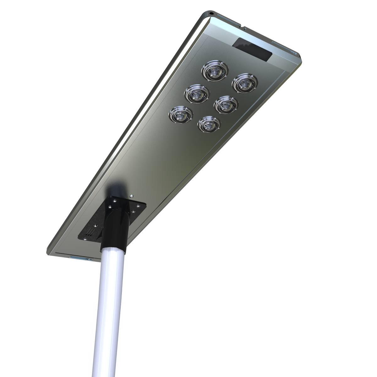 EVIEKO EV-SL-122 All-in-One Solar Street Light – LED side with six lenses, on pole
