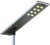 All-in-one solar street light underside with eight LED lenses, on pole