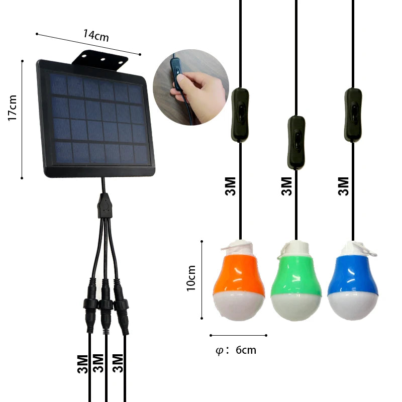 3 LED Solar Light Bulb with Mobile Charger Camping Hanging Lamp Extension Line for Outdoor Garden Corridor Home Decoration