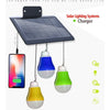 Solar lighting kit with three hanging LED bulbs and a small solar panel